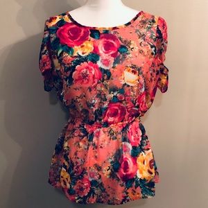 Pink/Multi-colored Floral Peptum Sheer Blouse